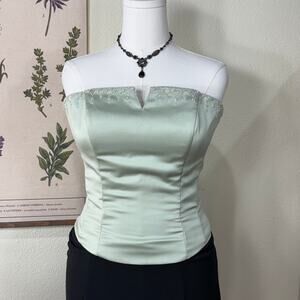 Y2K Green Satin Beaded Strapless Top Fairy Whimsy Garden Party Romantic L 12